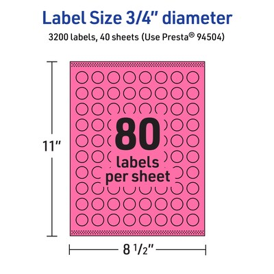 Avery Laser/Inkjet Round Multipurpose Labels, 0.75" Dia., Bright Pink, 3200/Pack (94504)