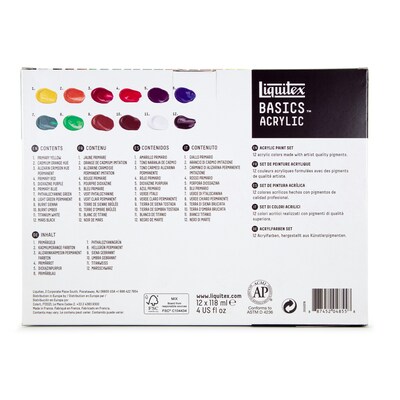 Liquitex BASICS Acrylic Paint Tube, Assorted Colors, 118 mL, 12/Pack (LIQ3699376)
