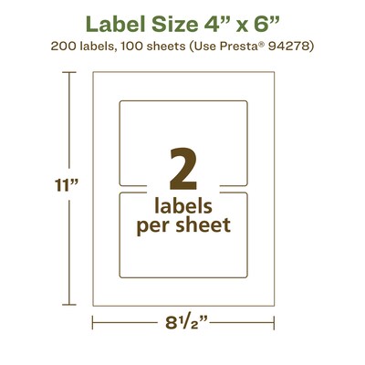 Avery EcoFriendly Laser/Inkjet Rectangle Multipurpose Labels, 4" x 6", White, 200/Box (94278)