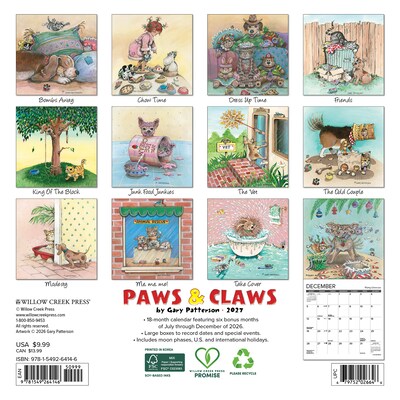 2027 Willow Creek Paws & Claws by Gary Patterson 7 x 7 Monthly Wall Calendar, Assorted Colors (64146)