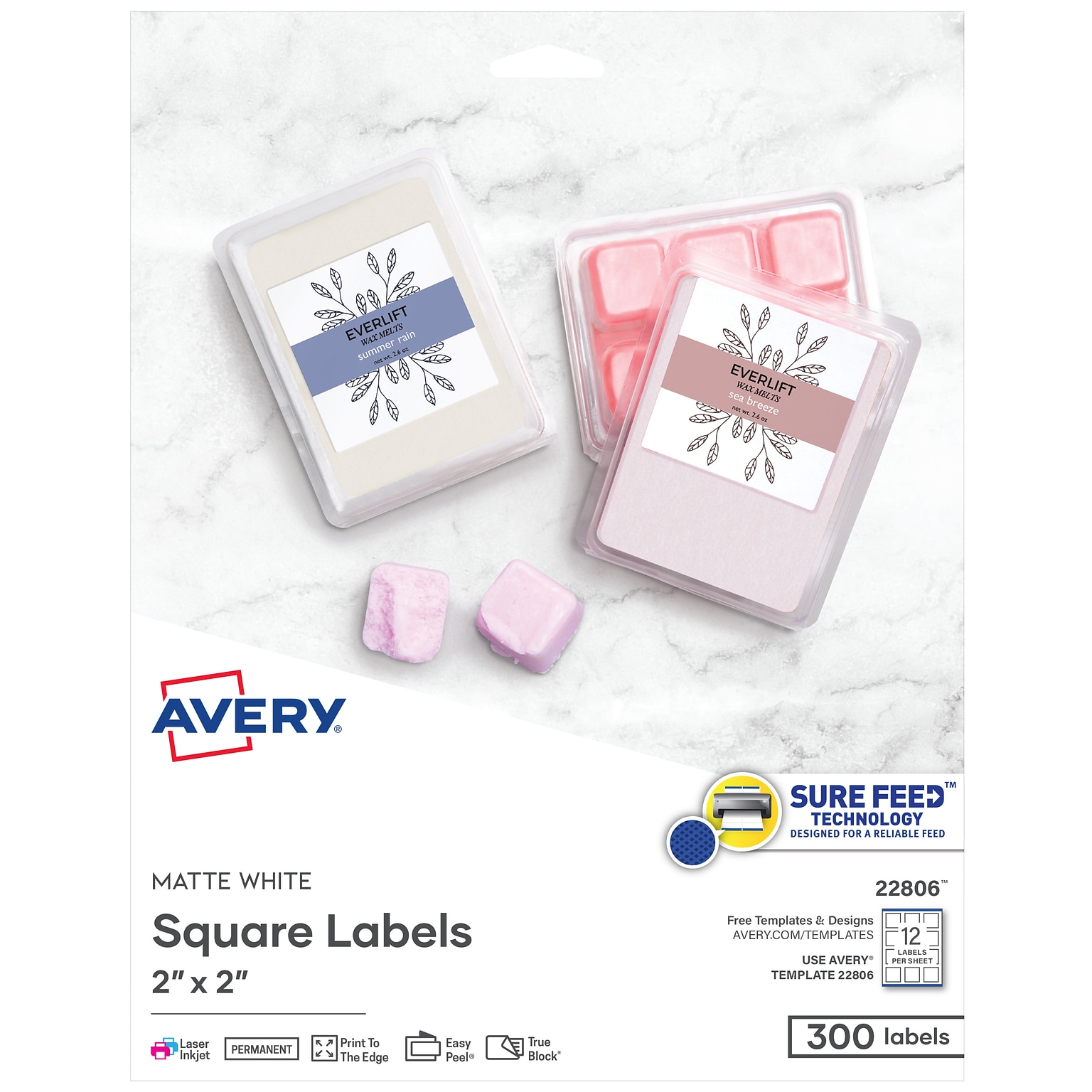 Avery Print-to-the-Edge Laser/Inkjet Square Labels, 2 x 2, White, 300 Labels/Pack (22806)
