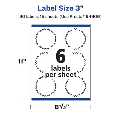 Avery Laser/Inkjet Burst Multipurpose Labels, 3" Dia., White, 90 Labels/Pack (94609)