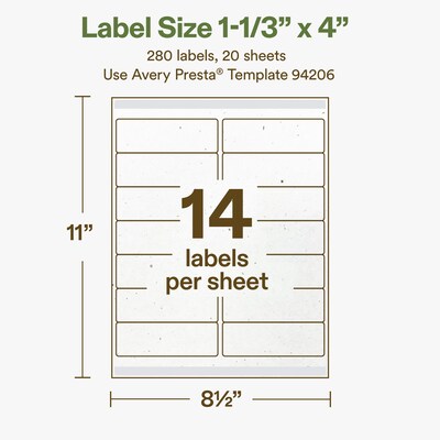 Avery Hemp Rectangle Laser/Inkjet Multipurpose Labels, 1-1/3" x 4", Off-White (280/Pack)