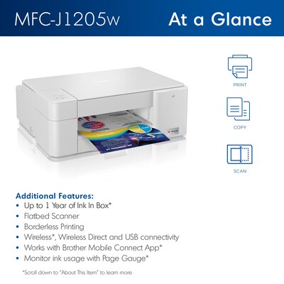 Brother INKvestment Tank MFC-J1205W Wireless Color Inkjet Printer, All-In-One Supertank, Print, Scan