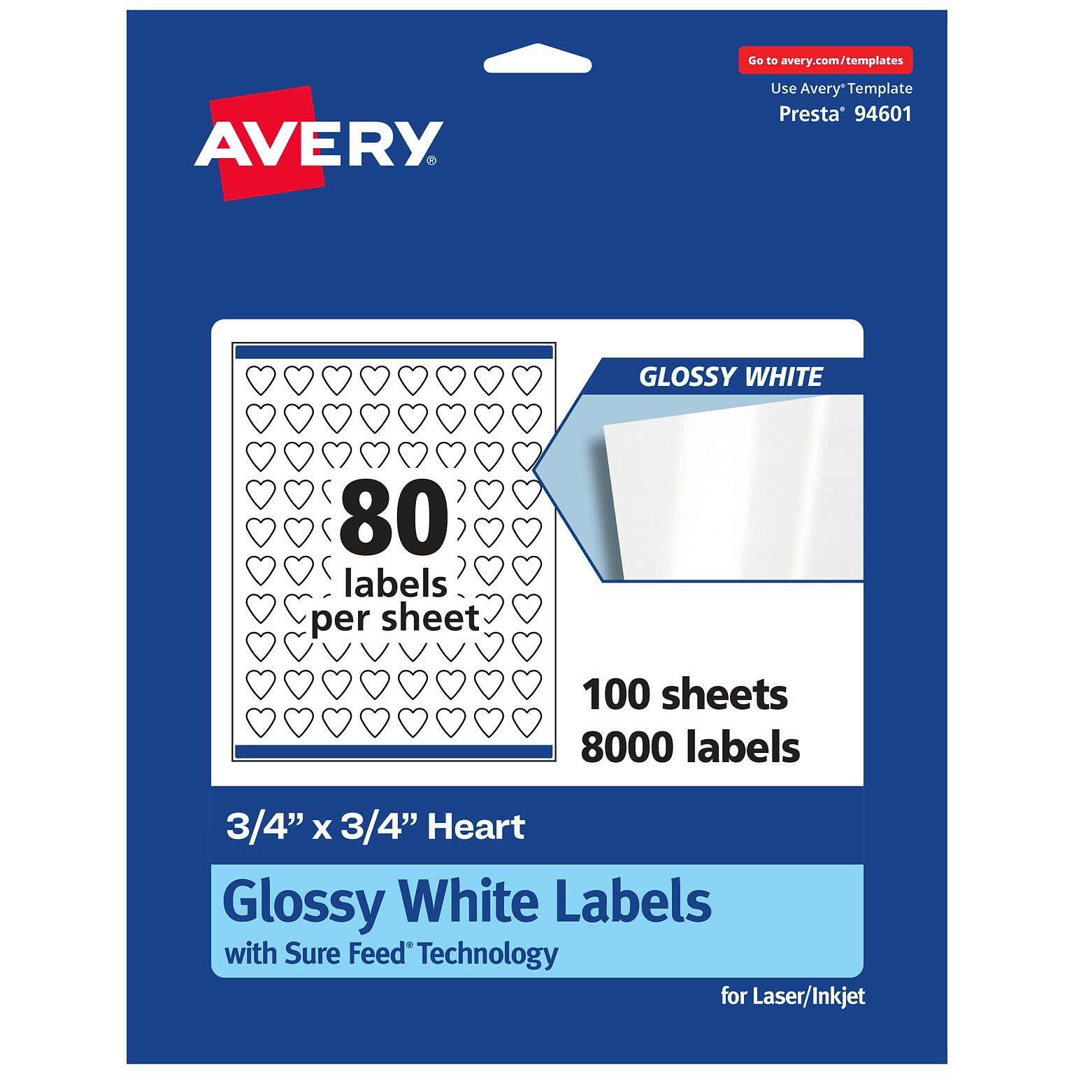 Avery Heart Shaped Laser/Inkjet Multipurpose Labels, 0.75 x , Glossy White, 8000/Box (94601)