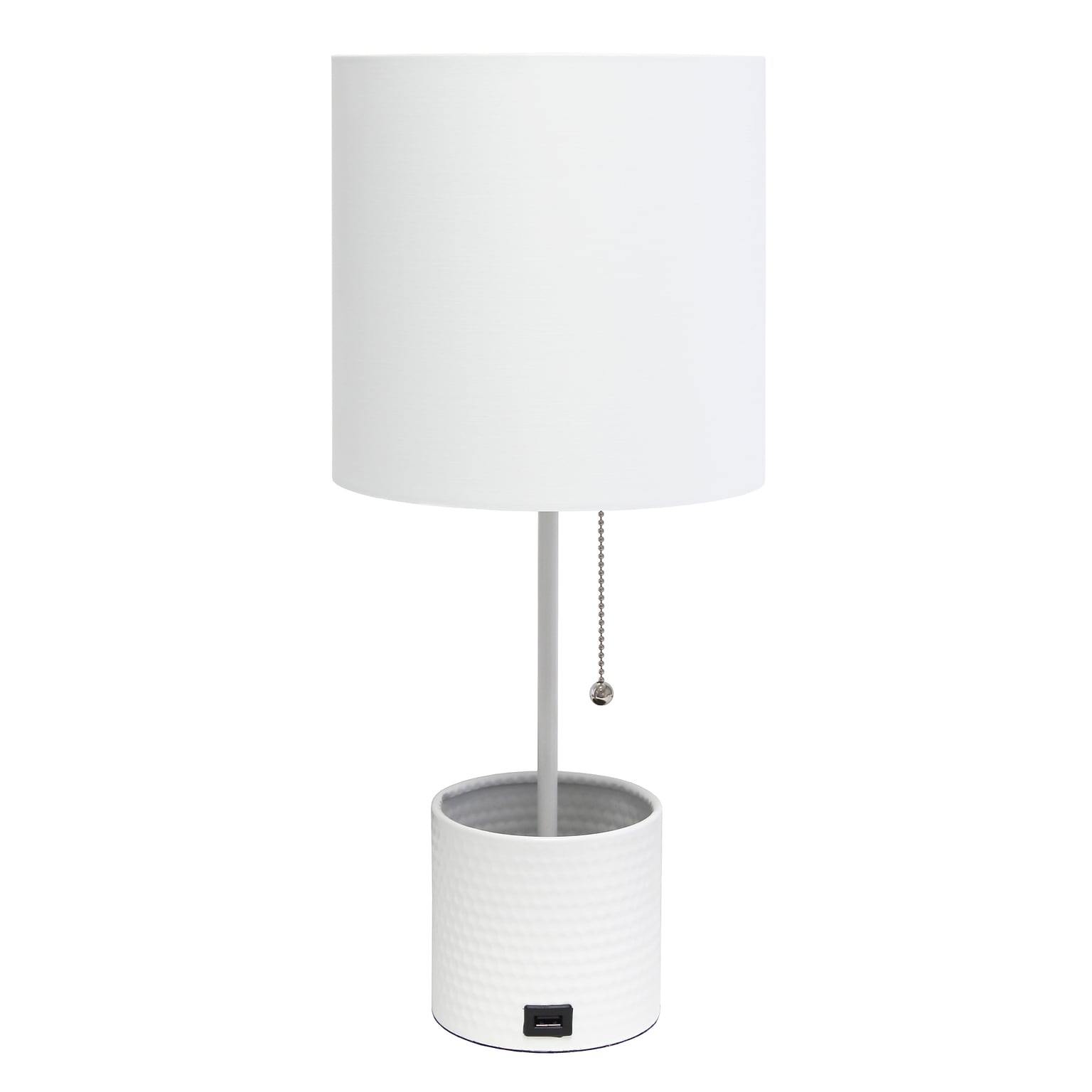 Simple Designs Hammered Metal Organizer 18.50 LED Table Lamp with USB Charging Port, White (LT1085-WHT)