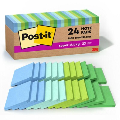 Post-it Recycled Super Sticky Notes, 3 x 3, Oasis Collection, 70 Sheet/Pad, 24 Pads/Pack (65424SST