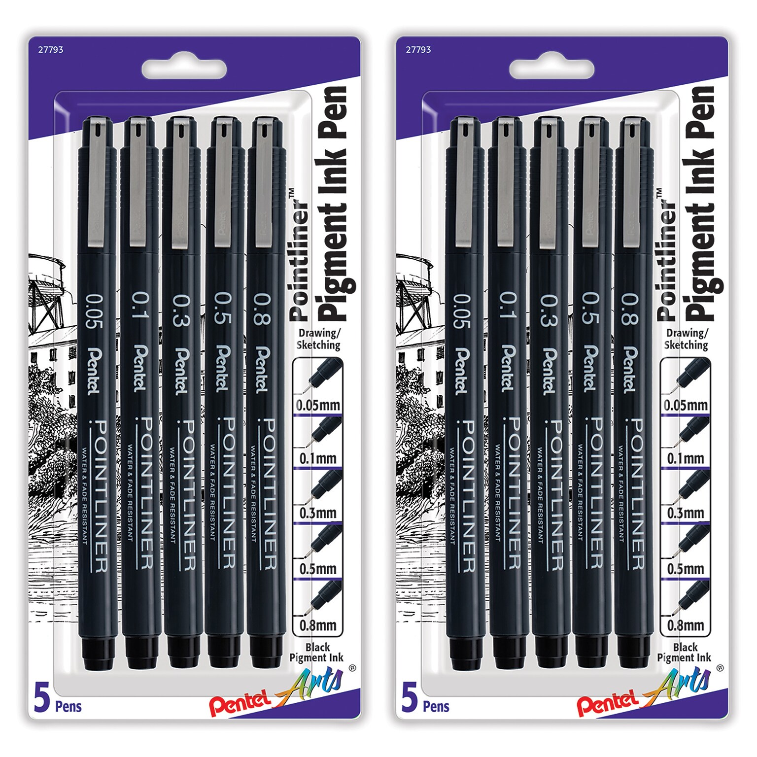 Pentel Arts Pointliner Pen, Black Pigment Ink, 2/Pack (PTAS20PBP5A-2)