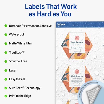 Avery Hexagon Laser Multipurpose Labels, 2-1/2 x 2-57/64, White, 60/Pack (19479399168)