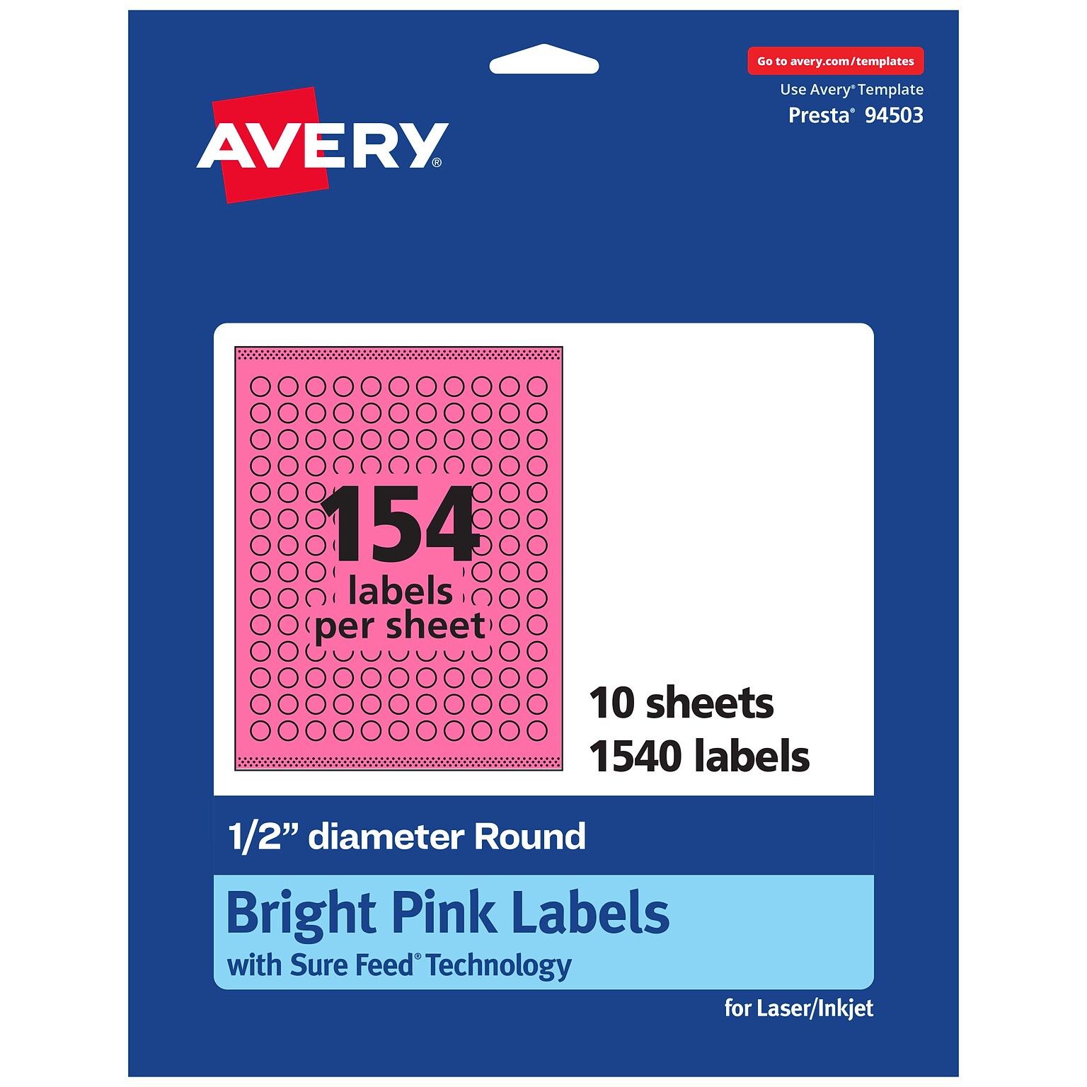 Avery Laser/Inkjet Round Multipurpose Labels, 0.5 Dia., Bright Pink, 1540/Pack (94503)
