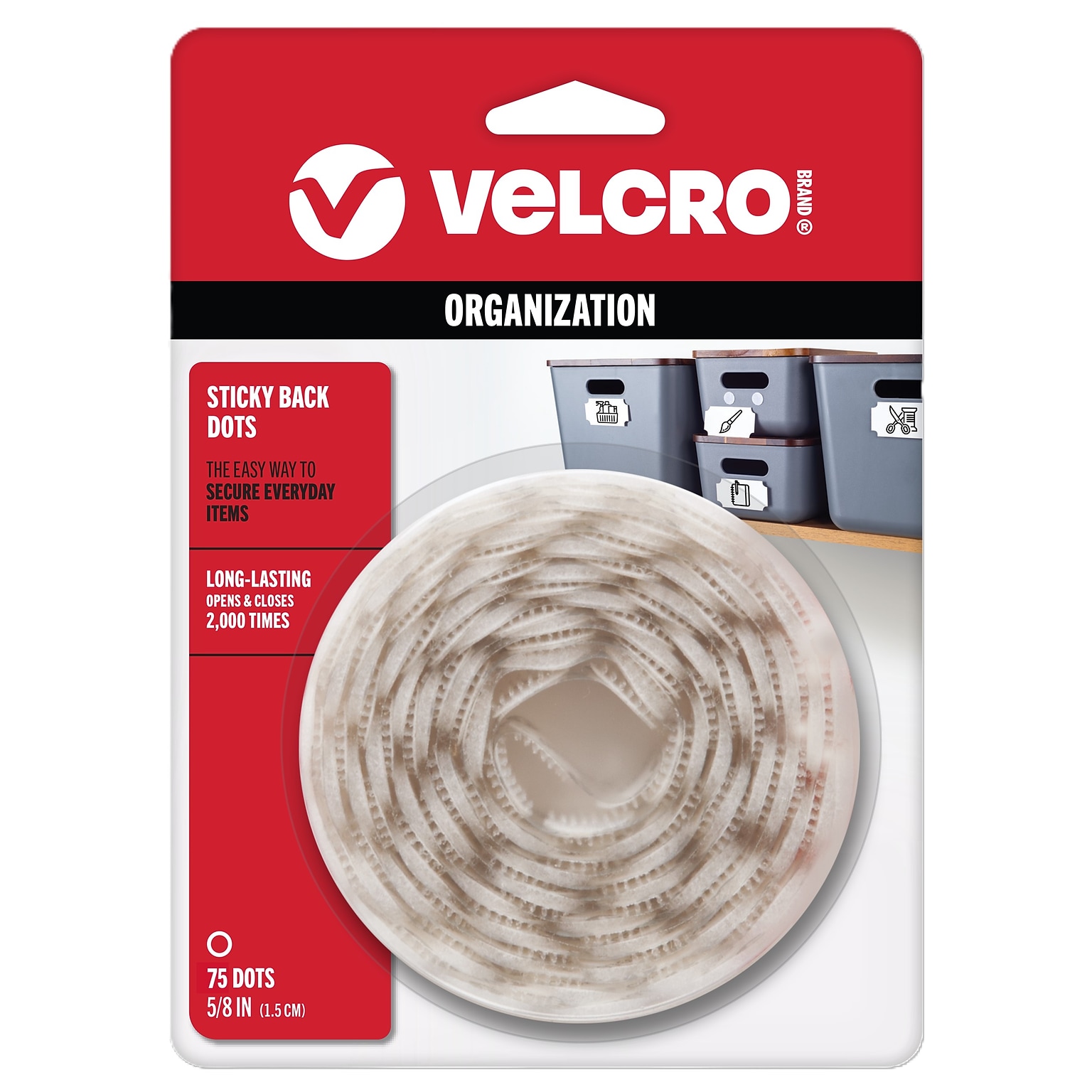 Velcro Sticky Back Adhesive Back Hook and Loop Dots Fastener, 0.63, White, 75/Set (90090)