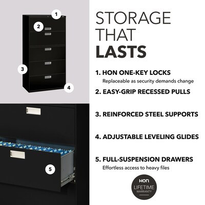 HON Brigade 600 Series 5-Drawer Lateral File Cabinet, Locking, Letter/Legal, Black, 36"W (H685.L.P)