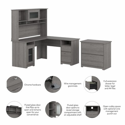 Bush Furniture Cabot 60"W L Shaped Computer Desk with Hutch and Lateral File Cabinet, Modern Gray (CAB005MG)