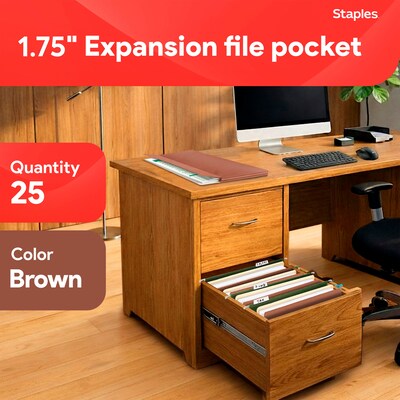 Staples Expanding File Pockets, Letter Size, 1.75-Inch Expansion, Durable Brown Gusseted Folders – 25/Pack
