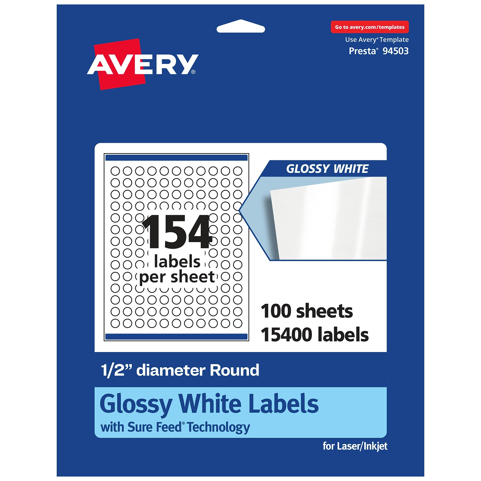 Avery Laser/Inkjet Circle Multipurpose Labels, 0.5  Dia, Glossy White, 15400/Box (94503)
