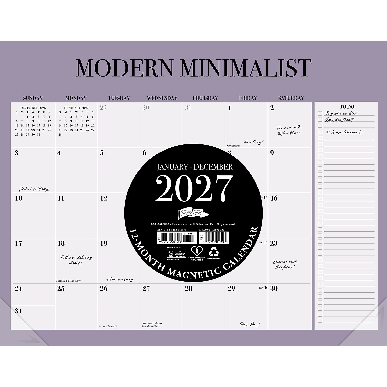 2027 Willow Creek Modern Minimalist 13.25 x 11.25 Monthly Desk or Wall Calendar, Assorted Colors (64856)