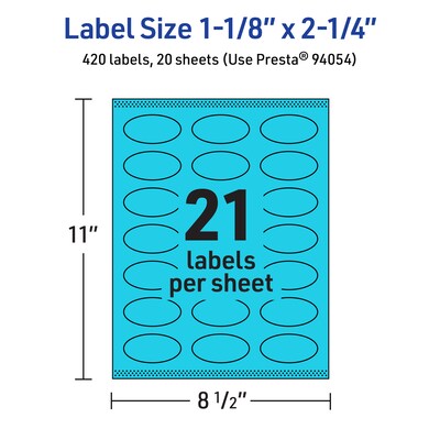 Avery Printable Oval Multipurpose Labels, 1-1/8" x 2-1/4", Bright Blue, 420/Pack (94054)