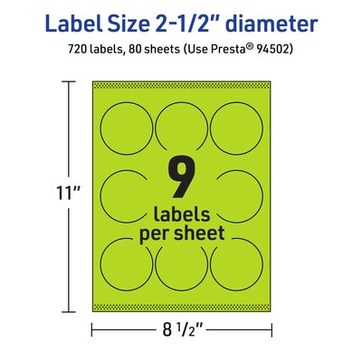 Avery Laser/Inkjet Multipurpose Circle Labels, 2.5" Dia., Bright Green, 720/Box (94502)
