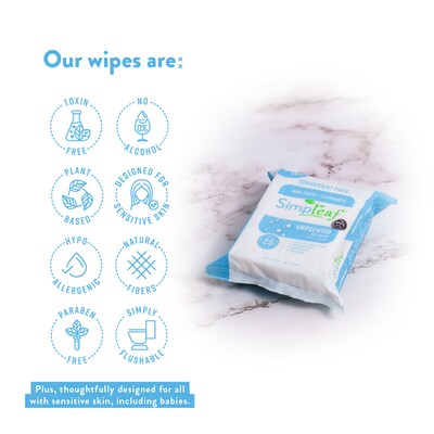 Simpleaf Unscented Flushable Wipes, 25 Single Wipes/Pack, 12 Packs/Box (S-002-12pack)
