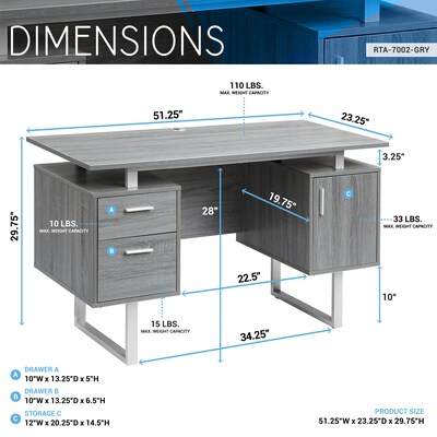 Techni Mobili Classic Office Desk with Storage, Gray