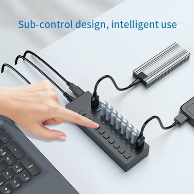 4XEM 10-Port USB 3.0 Power Switch Data Transfer Hub, Gray (4XH710)