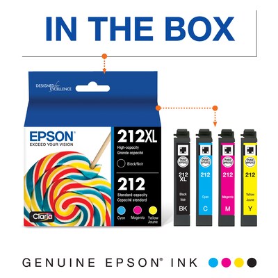 Epson T212 Black High Yield and Cyan/Magenta/Yellow Standard Yield Ink Cartridge, 4/Pack (T212XL-BCS)