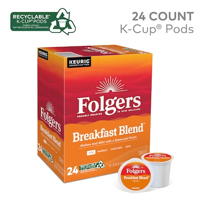 Folgers Breakfast Blend Coffee, Light Roast, 0.24 oz. Keurig® K-Cup® Pods, 24/Box (000370677/6684)