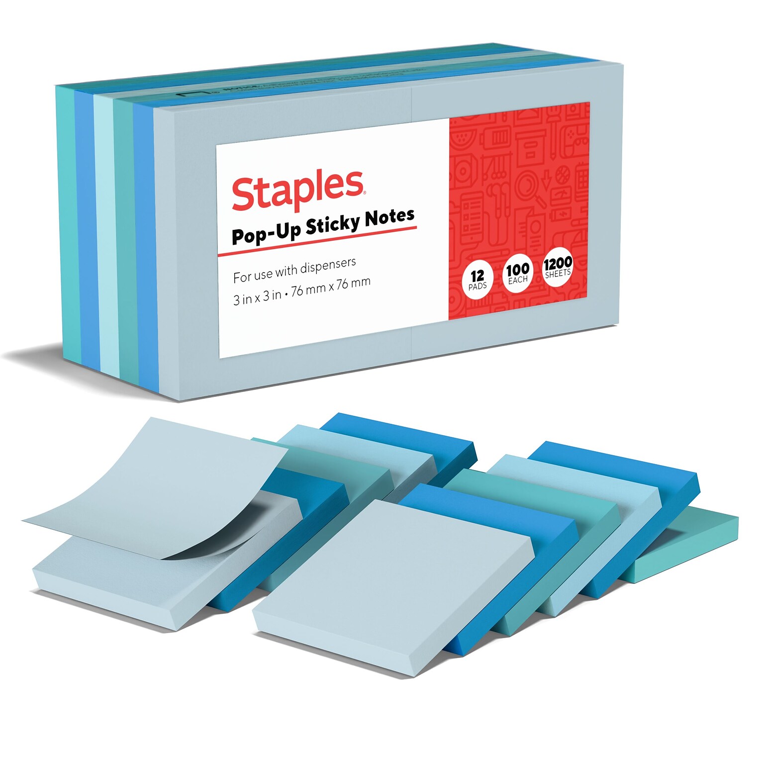 Staples® Pop-up Notes, 3 x 3, Ocean Views Collection, 100 Sheet/Pad, 12 Pads/Pack (S-33WCP12)