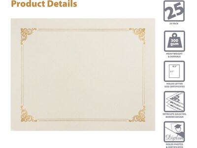 Better Office Certificate Holders, 8.75 x 11.25, Ivory/Gold, 25/Pack (65250-25PK)