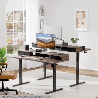 Huanuo 55"W Electric Rectangular Adjustable Standing Desk with Riser and Drawers, Walnut (HNESD101WN)