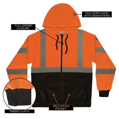 Ergodyne GloWear 8312BK High Visibility Long Sleeve Black Bottom Hooded Zip-Up Sweatshirt, ANSI Type R Class 3, Orange, Medium