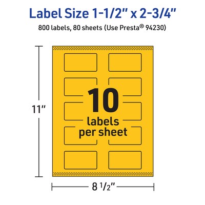 Avery Laser/Inkjet Rectangle Multipurpose Labels, 1.5" x 2.75", Bright Yellow, 800/Box (94230)