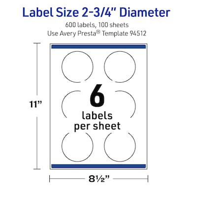 Avery Round Laser Multipurpose Labels, 2.75" Dia., White, 600/Box (19479399447)
