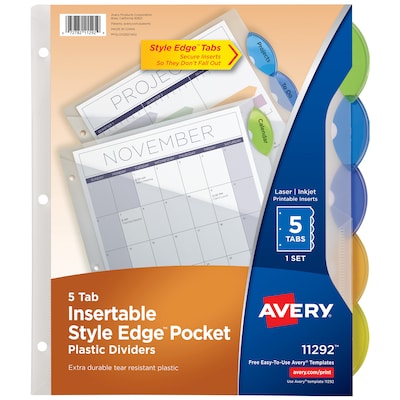 Avery Style Edge Insertable Plastic Dividers with Pocket, 5 Tabs, Multicolored (11292)