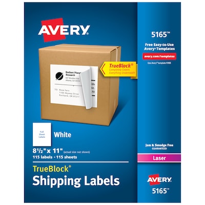 Avery TrueBlock Laser Shipping Labels, 8-1/2 x 11, White, 100 Labels/Box (5165)