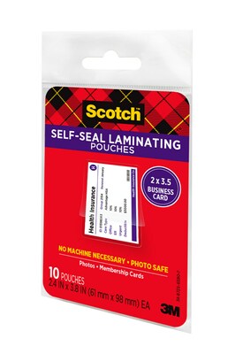 Scotch Self Sealing Laminating Pouches, Business Card, 9.5 Mil, 25/Pack (LS851G)