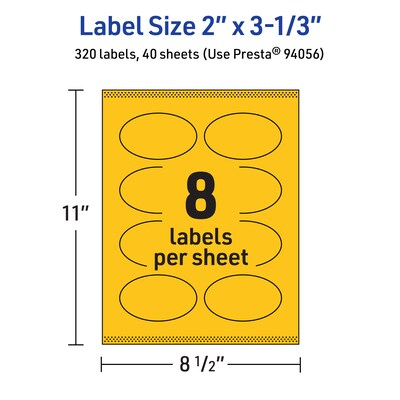 Avery Laser/Inkjet Oval Multipurpose Labels, 2" x 3-1/3", Bright Yellow, 320/Pack (94056)