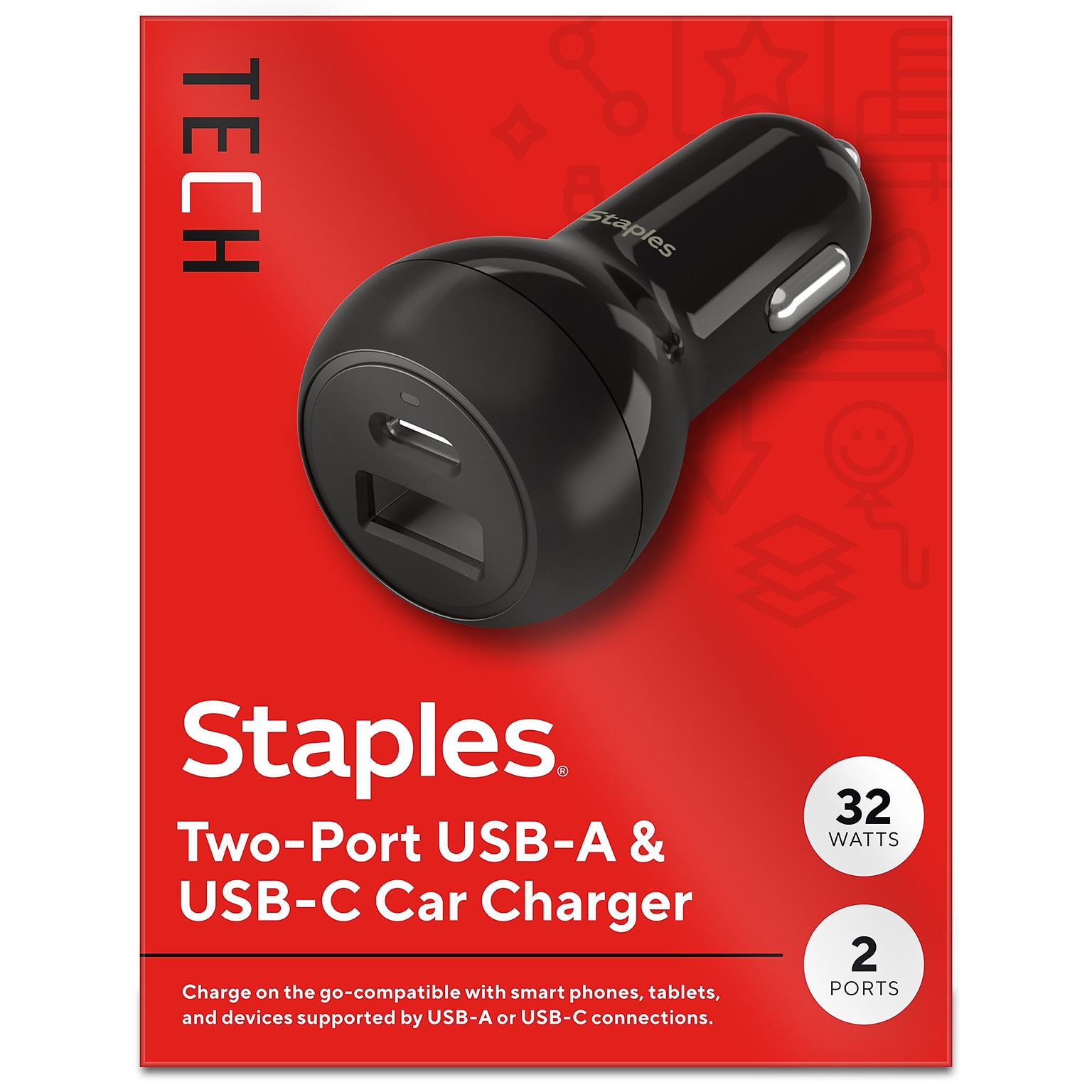 Staples TECH USB-A/USB-C Car Charger, 32W, Black (ST62340)