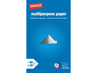 Staples Multipurpose Laser Inkjet Copy Paper, 8 1/2 Inch x 14 Legal Size, 20 lb., 96 Bright White, ColorLok, Ream