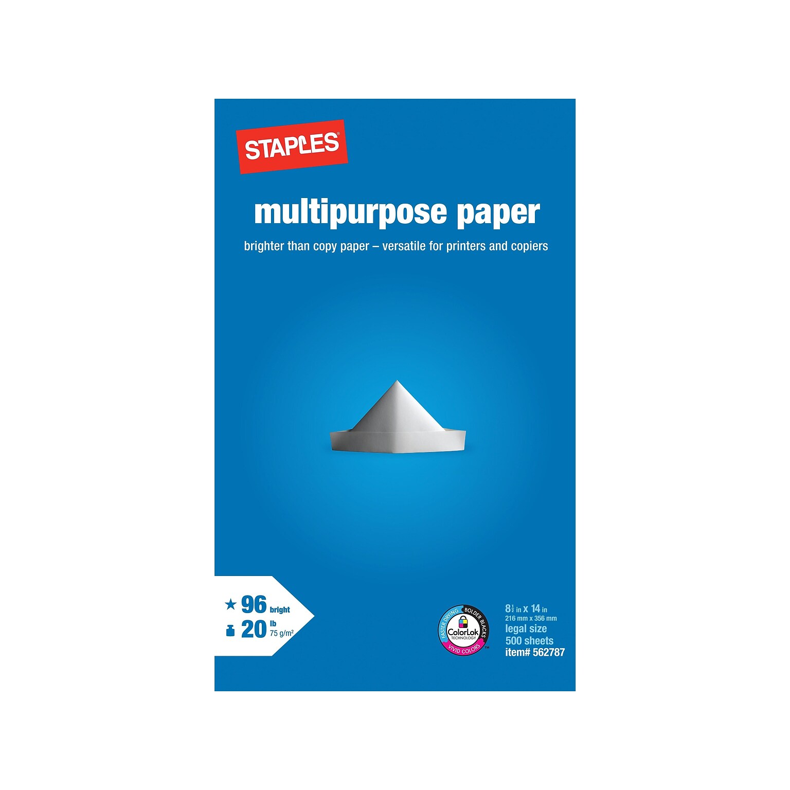 Staples Multipurpose Laser Inkjet Copy Paper, 8 1/2 Inch x 14 Legal Size, 20 lb., 96 Bright White, ColorLok, Ream