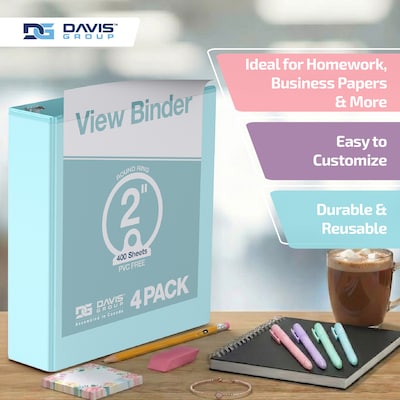 Davis Group Standard View 2" 3-Ring Binders, Assorted Pastel Colors, 4/Pack (7412-88-04)