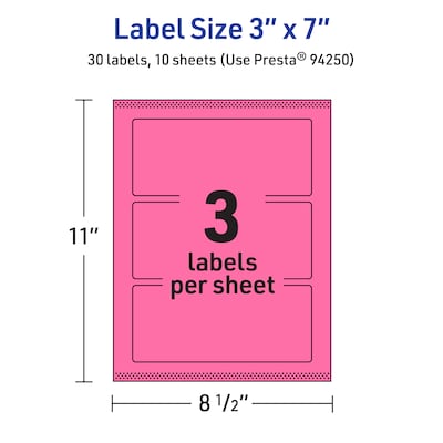 Avery Laser/Inkjet Rectangle Multipurpose Labels, 3" x 7", Bright Pink, 30/Pack (94250)