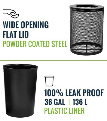 Alpine Industries 4460 Steel Mesh Outdoor Trash Can with Flat Lid, 36 Gallon, Black (ALP4460-01-A)
