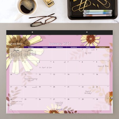 2027 AT-A-GLANCE Paper Flowers 21.75 x 17 Monthly Desk Pad Calendar, Pink/Brown (5035-27)