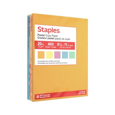 Staples Recycled Pastel Multipurpose Paper, 20 lbs., 8.5-inch x 11-inch, Assorted, 400 Sheets/Pack