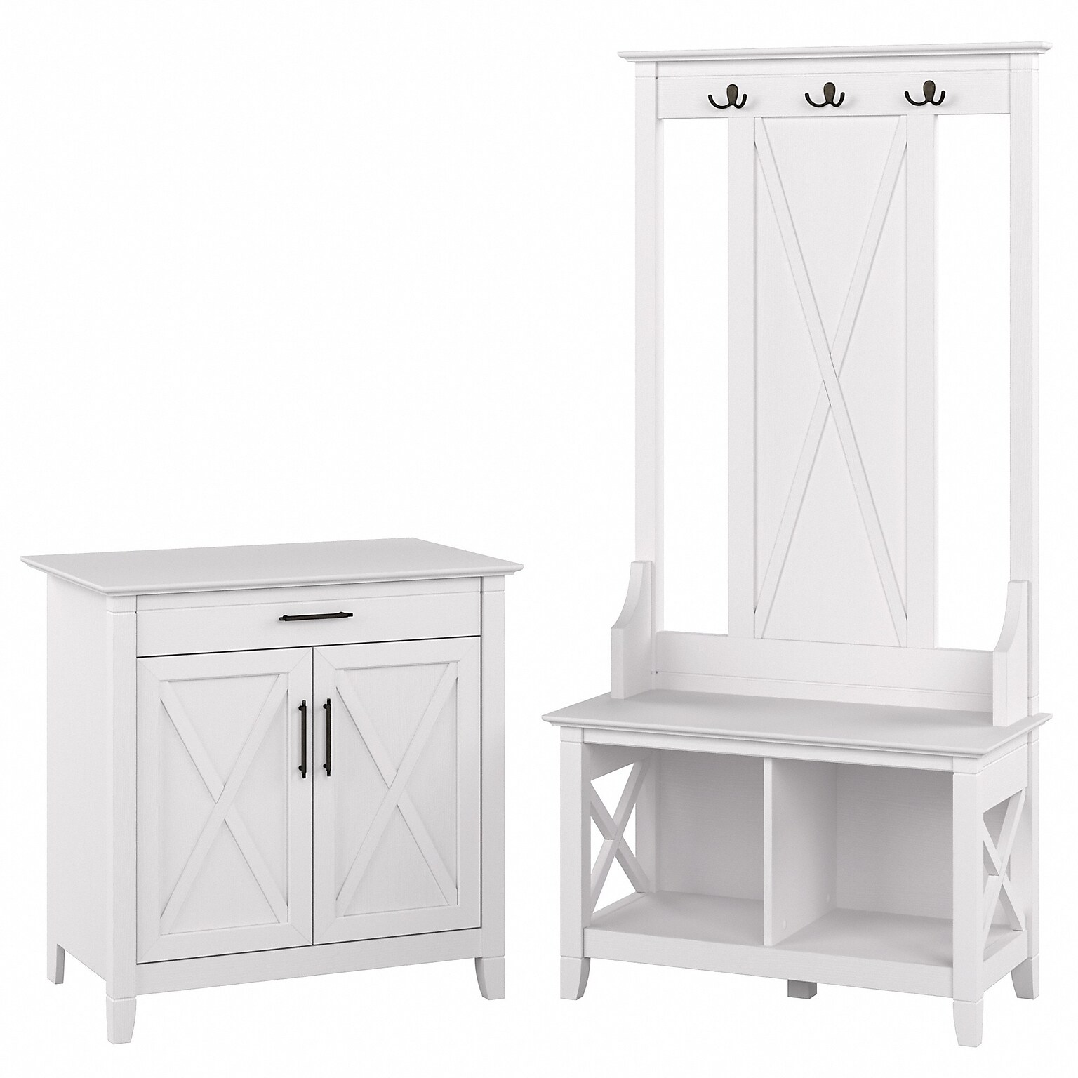 Bush Furniture Key West 66 Entryway Storage Set with Hall Tree, Shoe Bench, and Armoire Cabinet, Pure White Oak (KWS055WT)