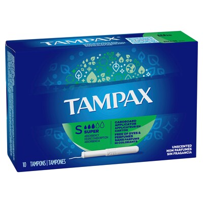 Tampax Cardboard Applicator Tampons, Super, Unscented, 10/Box (31409)