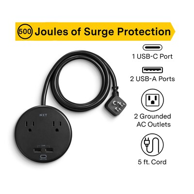 NXT Technologies™ 2-Outlet 3-USB Port Surge Protector, 5' Cord, Black (NX61428)