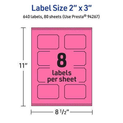 Avery Laser/Inkjet Rectangle Scalloped Multipurpose Labels, 2" x 3", Bright Pink, 640/Box (94267)