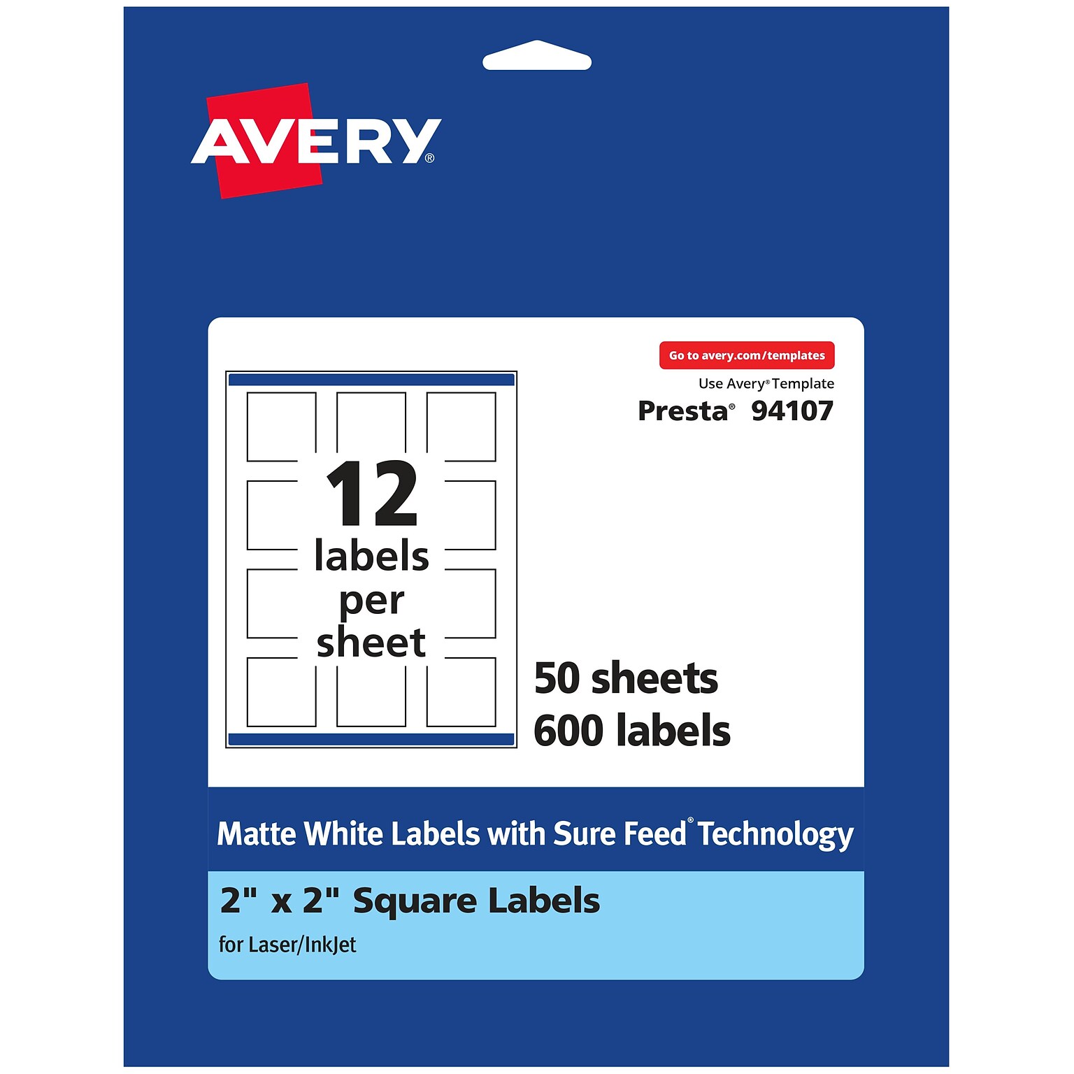Avery Laser/Inkjet Square Multipurpose Labels, 2 x 2, Matte White, 600 Labels/Box (94107)